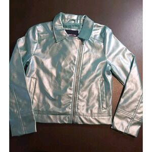 LiMiTeD ToO Fo Leather Metallic Teal Angle ZIP Biker Jacket Size 14/16 NWOT 😎